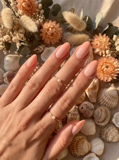 Inspiration pose simple nude pêche sur ongles amande longs